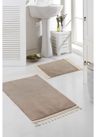 Vl Yıkanabilir Premium Ponpon Saçaklı Kaymaz Taban Post Peluş Banyo Paspası 2'li Takım Antrasit Kahverengi