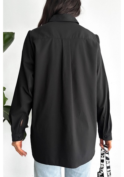 Femelle Kadın Siyah Yeni Sezon Çift Cepli Oversize Gömlek