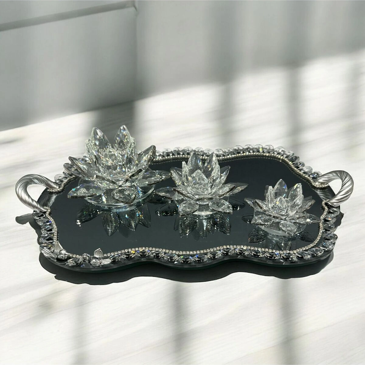 Dekoratif Kristal Cam Dörtlü Bulut Tepsi Lotus Mumluk Seti Gümüş