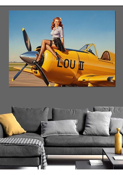Ahşap Tablo Uçağın Kanadında Oturan Pin-up Kızı