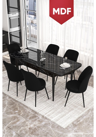 Canisa Kor Serisi 70x114 MDF Açılabilir Mutfak Masası Takımı Siyah Mermer Desen Masa 6 Siyah Sandalye Canisa Kor Serisi 70x114 MDF Açılabilir Mutfak Masası Takımı Siyah Mermer Desen Masa 6 Siyah Sandalye