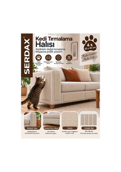 Kedi Tırmalama Halısı Kendinden Yapışkanlı Koltuk Duvar Mobilya Koruma Matı 4 Adet 20 X 45 Cm- Krem Krem