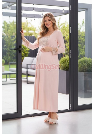 Lady Pembe Renk Dantel Detaylı 33501 Sabahlıklı 2li Hamile Gecelik Takım Set Açık Pembe