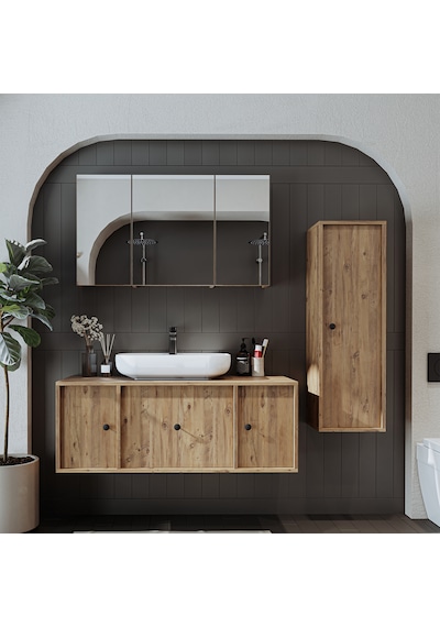 Oval Lavabolu Mat Mdf 120 Cm Çekmeceli Banyo Dolabı + Aynalı Üst Atlantik Çam Oval Lavabolu Mat Mdf 120 Cm Çekmeceli Banyo Dolabı + Aynalı Üst Atlantik Çam