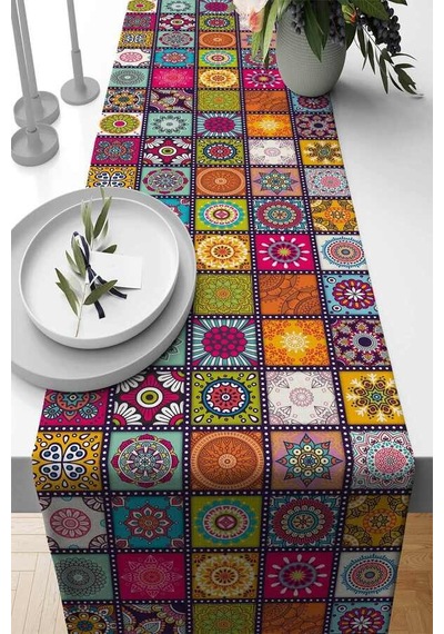 Çok Renkli Çini Desen Premium Masa Örtüsü Runner Rnr109n11
