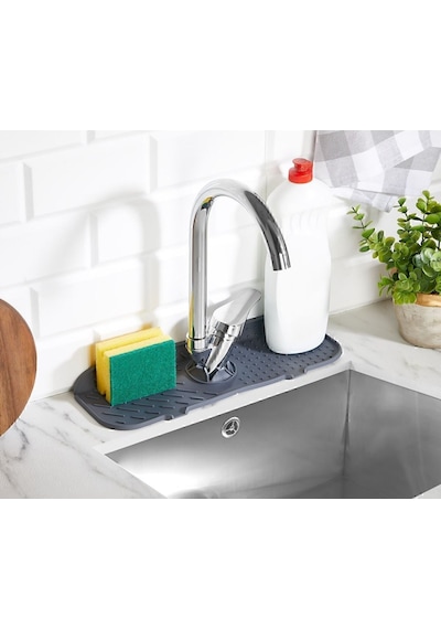 Mainshop Su Tutucu Musluk Mat Lavabo Için Silikon Esnek Musluk Tutucu Raf Mutfak Tezgahı Koruma Gri