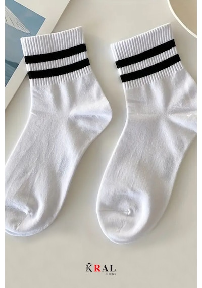 Kral Socks Erkek Kadın 3 Çift Çizgili Kolej Tenis Çorabı Pamuklu Terletmez Çorap Beyaz
