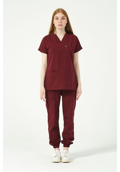 Bordo Likralı Scrubs Kargo Cep Jogger Paça Doktor Hemşire Forması Yarasa Kol Takım Unisex