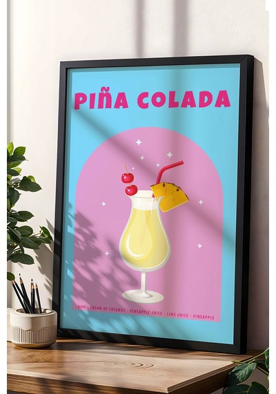 Pina Colada Temalı Renkli Çerçeveli Tablo Modern Mutfak Ve Bar Duvar Dekoru Siyah
