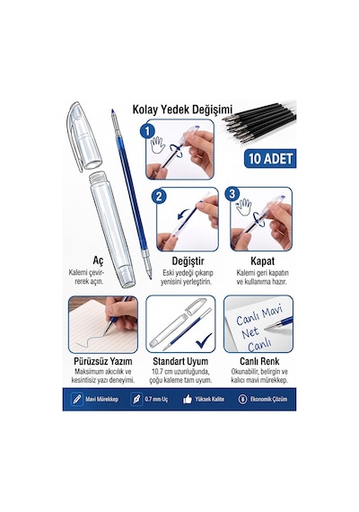 Mavi Plastik Tükenmez Kalem Yedeği 10 Adet 10.7 Cm Tükenmez Kalem İçi Yedek Plastik Tükenmez Kalem İçi Okul Ofis Jel