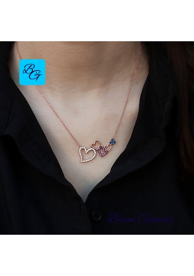 Renkli Zirkon Taşlı Rose Kalpler Kolye Rose - Gold -  Gümüş