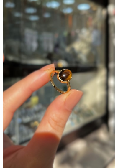 Gümüş 10x8 Mm Kaplan Gözü Taşlı Altın Kaplama Yüzük Diğer