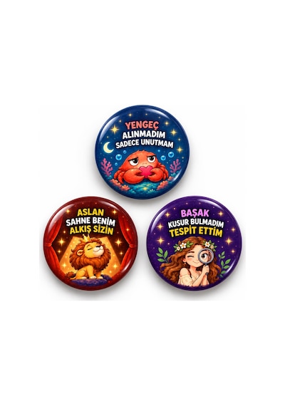 Yengeç Aslan Ve Başak - 3 Lü 58mm Rozet Seti Çok Renkli