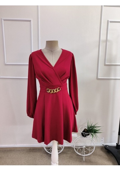 Kadın Uzun Kollu Kruvaze Yakalı Zincir Detaylı Kısa Janjan Krep Elbise Kırmızı