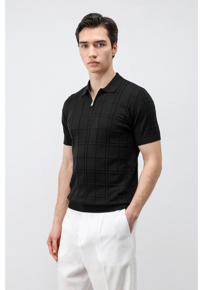 Antioch Kareli Desenli Erkek Triko T-shirt Siyah