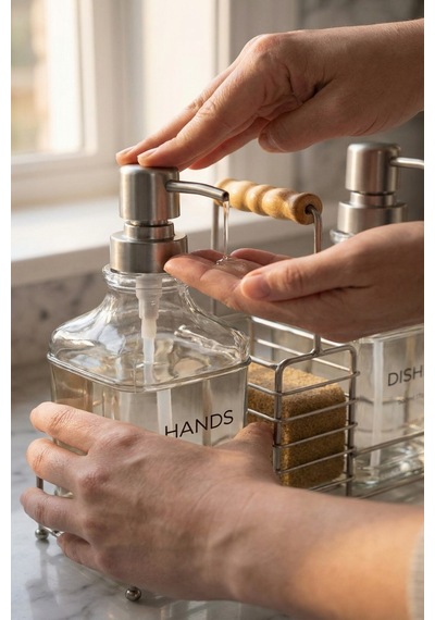 Makri Home Lüks Cam Ikili Sıvı Sabunluk & Deterjanlık Seti-500 Ml Cam Sabunluk, Bambu Kulplu Metal Stantlı Siyah