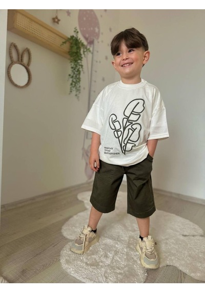 Miniko Kids Erkek Çocuk Keten Şortlu Cep Modelli Pamuk Şortlu Takım Yeşil