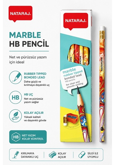 Kurşun Kalem Hb 1 Düzine Kalemtraş Silgi Hediyeli Nataraj Kurşun Kalem Mermer Desen 1 Düzine Çok Renkli
