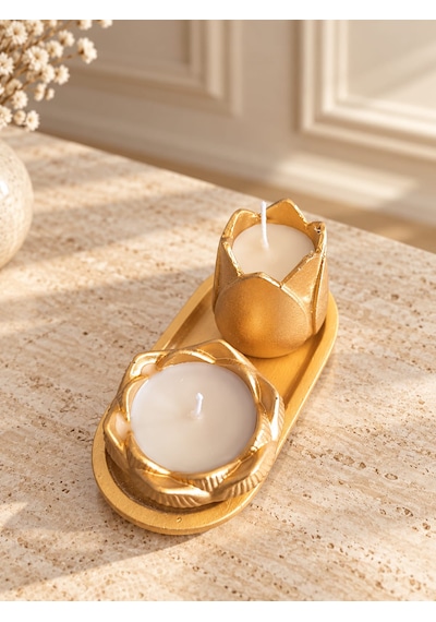 Altın Renk Lale Ve Lotus Çiçeği Mumluk Seti, 2 Li Dekoratif Polyester Mumluk Ve Oval Tepsi