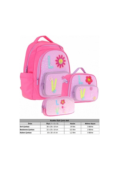 Kaukko Kids Kız Çocuk Simli Love Desenli İlkokul 1.2.3.4. Sınıf Üçlü Okul Çanta Seti Mor - Pembe