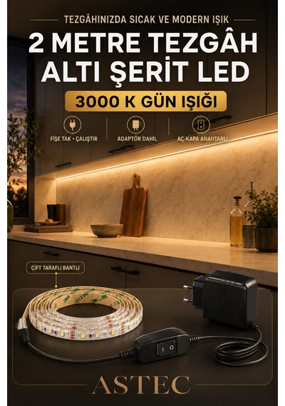 Astec Mutfak Dolabı Tezgah Üstü İçin 2 Metre Gün Işığı 12v Adaptörlü Aç Kapa Anahtarlı Şerit Led Işık Günişiği