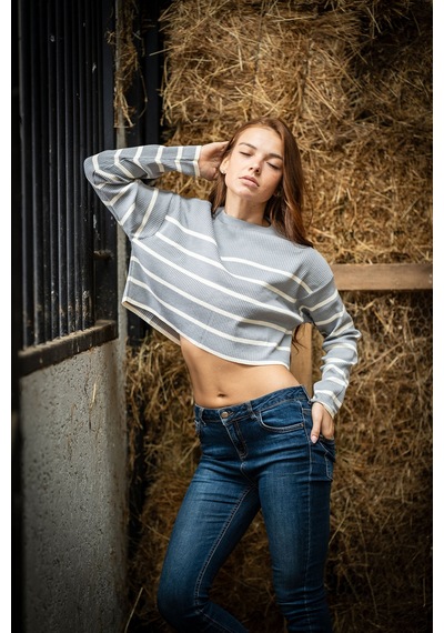 Verdeblanco Çizgili Uzun Kollu Crop Kazak Gri Gri
