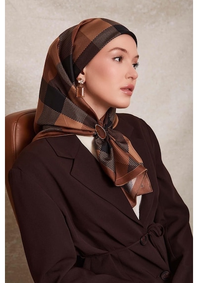 Levidor Noktalı Kareli Bask. Twill İpek Eşarp-0934 Vizon