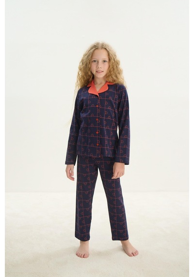 Sevim Kız Çocuk Uzun Kol Gömlek Yaka Önden Düğmeli Lacivert Pijama Takım C0t1n7o8 001
