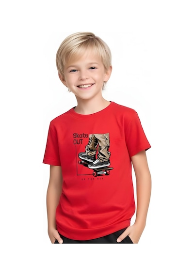 Fyk Kids Erkek Çocuk Yuvarlak Yaka Skate Out Baskılı T-shirt Kırmızı