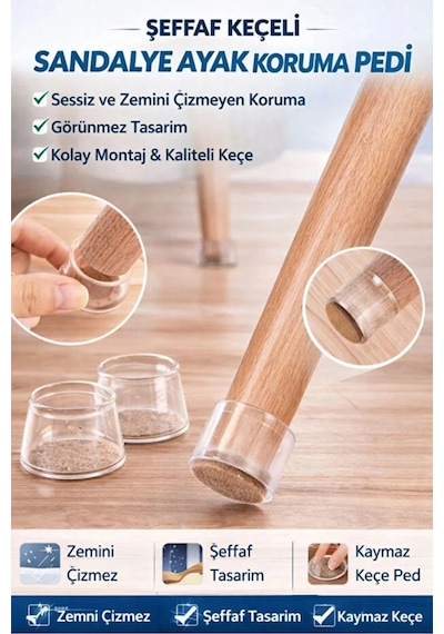 Sandalye Sessiz Sürtünme Çizilme Önleyici Keçeli Şeffaf Silikon Sandalye Ayak Koruma Pedi 4 Adet Çok Renkli