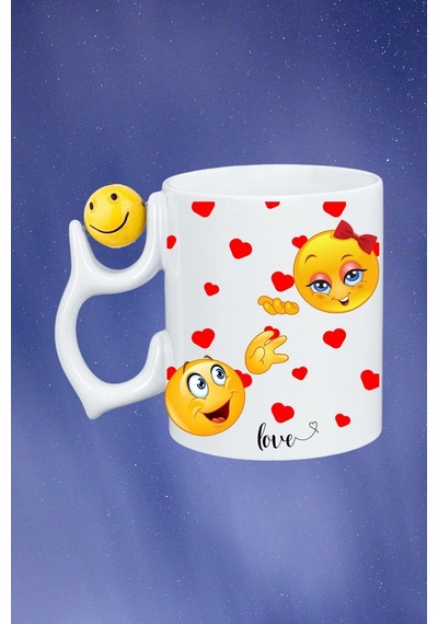 Kavuşma Love Emoji Baskılı Smile Emoji Toplu Kupa Bardak Çay Kahve Fincanı Beyaz