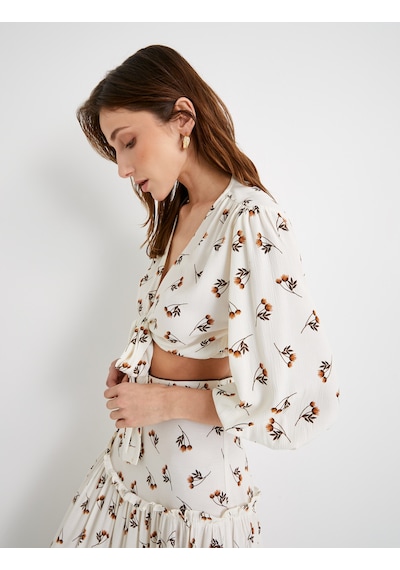 Koton Crop Bluz Balon Kollu Çiçekli Önden Bağlamalı Kahverengi Desenli 4sak60140ew Kahverengi