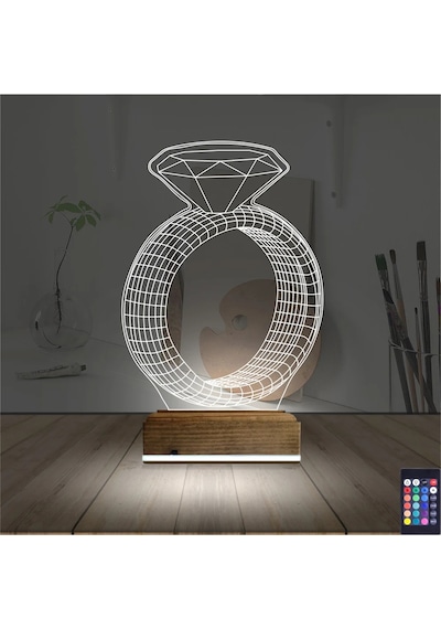 Luvivia Tek Taş Yüzük Sevgiliye Hediye 3d Lamba - Masa Gece Lambası