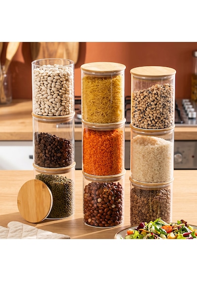 Porsima 1-3 Bambu Vakumlu Kapaklı Yuvarlak Borosilikat Cam 9lu Kavanoz Seti Saklama Kabı 750ml 10x12cm
