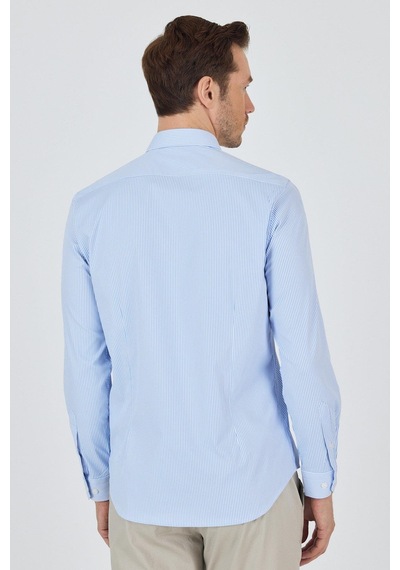 İmza Uzun Kol Çizgili Desen Bez Ayağı İtalyan Yaka Cepsiz Esnek Classic Slim Fit Gömlek 1004250200 Beyaz