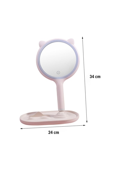 Buradabuldun Kedi Kulaklı Telefon Standlı Yuvarlak Dokunmatik Led Ayarlı Masa Üstü Makyaj Aynası Çok Renkli