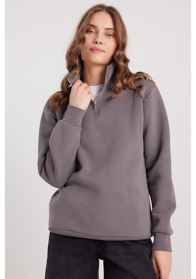 Tudors Kadın Relax Fit Rahat Kesim Pamuklu İçi Polarlı Yarım Fermuarlı Gri Dik Yaka Sweatshirt-37894 Gri