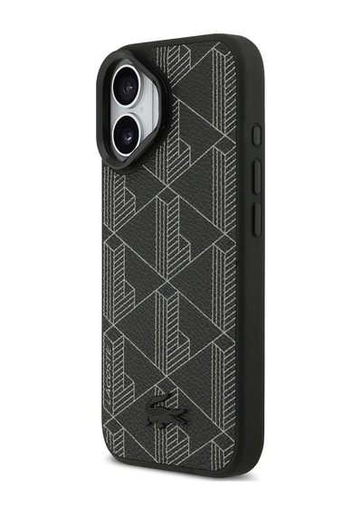 Apple Uyumlu iPhone 17 Kılıf Lacoste Lisanslı M-safeli Standlı Pu Deri Karışık Monogram Desenli Kapak Siyah Siyah