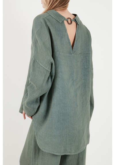 Via Dante % 100 Keten Oversize Yarı Transparan Gömlek Bayan Gömlek 7697 Haki