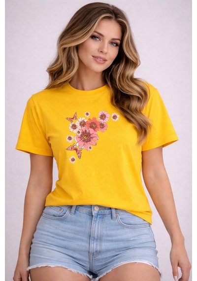Herkesemoda Pembe Çiçekler Baskı Detaylı Basic T-shirt Sarı