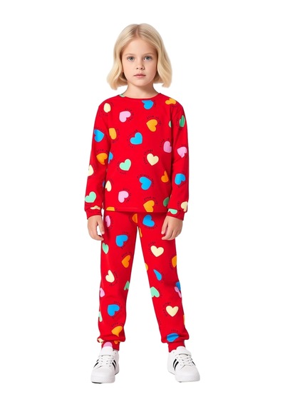 Ersefa Kız Çocuk Pamuk Polyester Örme Kalp Baskılı Pijama Takımı Kalitel Kırmızı