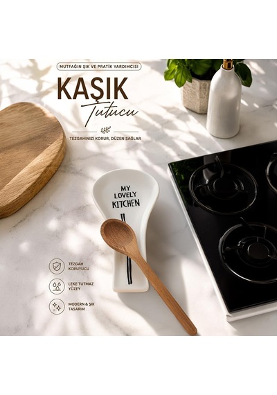 590 Hand Made Porselen Yatay Kaşık Altlığı 27 Cm Tezgah Üstü Yemek Kaşığı Ve Kepçe Tutucu Düzenleyici Stand