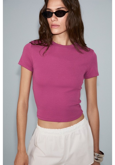 ETHIQUET Ethıquet Zolen Kadın Yumuşak Ve Esnek Kumaşlı Organik Pamuklu Kısa Kollu Crop Fuşya T-shirt