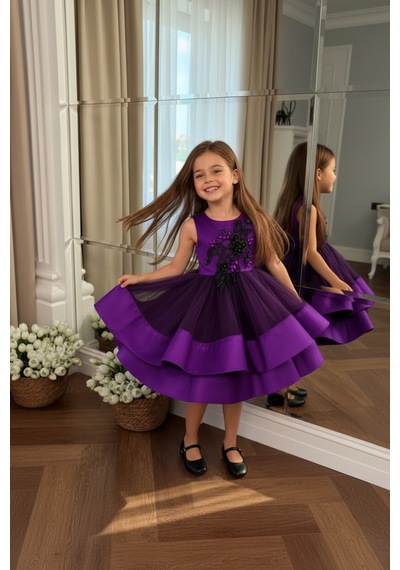 Lindissima Kız Çocuk Mat Saten Kumaş, Çiçek Aplikeli, Taş Detaylı ,tüllü, Fiyonklu Abiye Elbise Mor Lindissima Kız Çocuk Mat Saten Kumaş, Çiçek Aplikeli, Taş Detaylı ,tüllü, Fiyonklu Abiye Elbise Mor