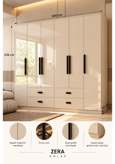 Free Home Zera Kum Beji Mdf Gardırop Elbise Dolabı 240x218x57 Kumbeji