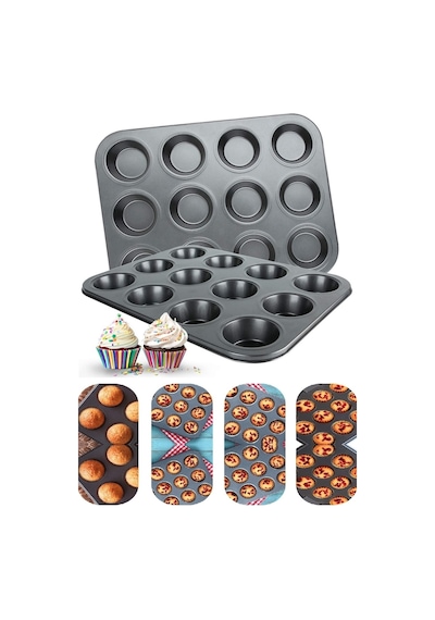 Muffin Kalıbı 24'lü Mini + 12'li Büyük Cupcake Kek Kapsülü Yanmaz Yapışmaz Baking Pan Fırın Kalıbı Siyah