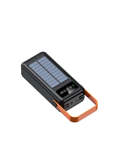 50000 Mah Solar Güneş Enerjili Powerbank - Dijital Göstergeli Led Fenerli Taşınabilir Kampçı Batarya Siyah