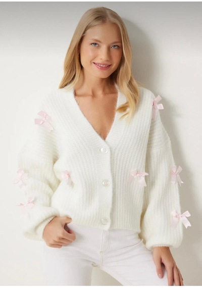 Flex Fashıon Kadın Oversize Fiyonk Detaylı Kurdaleli Yumoş Triko Hırka Ekru - 708830991 Ekru - 708830991 Ekru