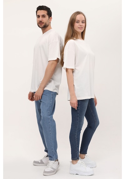 Unisex Kırık Beyaz Oversize Bol Kalıp T-shirt Ekru