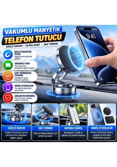 Vakumlu Manyetik Telefon Tutucu Güçlü Vakum 360 Döner Araç İçi Telefon Standı, Ultra Sabit Manyetik Destek -